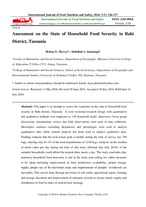 (PDF) Assessment on the State of Household Food Security in Bahi ...
