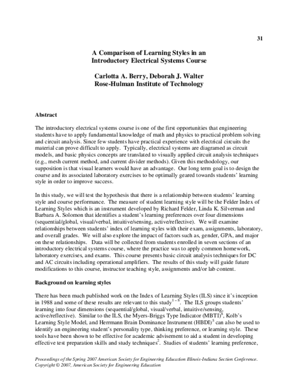 (PDF) A Comparison of Learning Styles in an Introductory Electrical ...