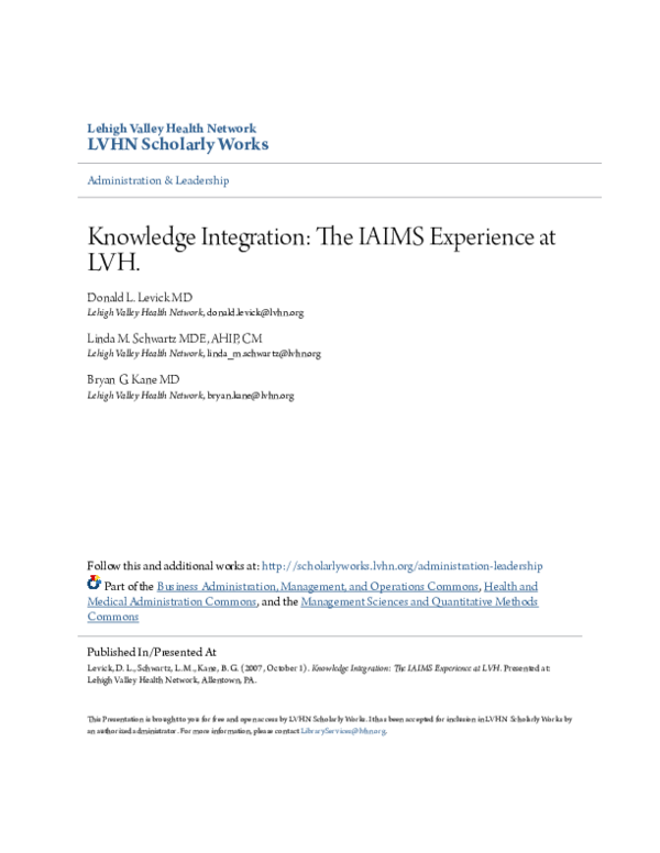 (PDF) Knowledge Integration: The IAIMS Experience at LVH