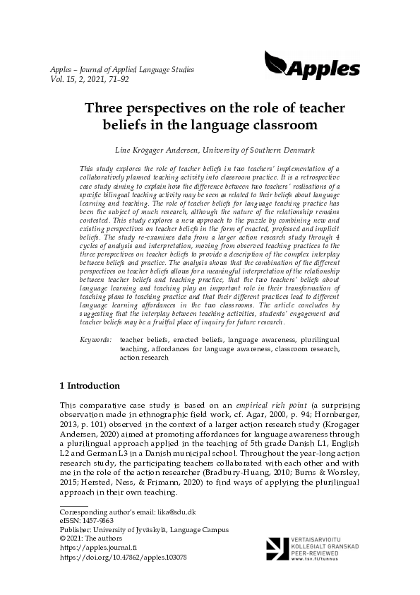 (PDF) Three perspectives on the role of teacher beliefs in the language ...