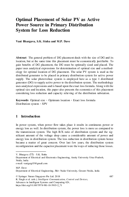 (PDF) Optimal Placement of Solar PV as Active Power Source in Primary ...