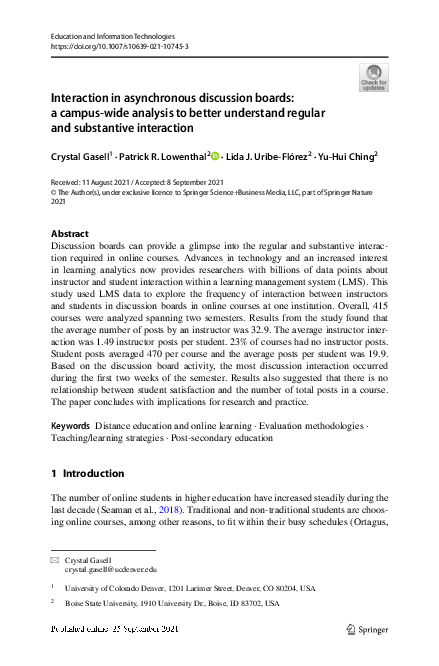 PDF) Interaction in asynchronous discussion boards: a campus-wide analysis  to better understand regular and substantive interaction | Patrick  Lowenthal - Academia.edu
