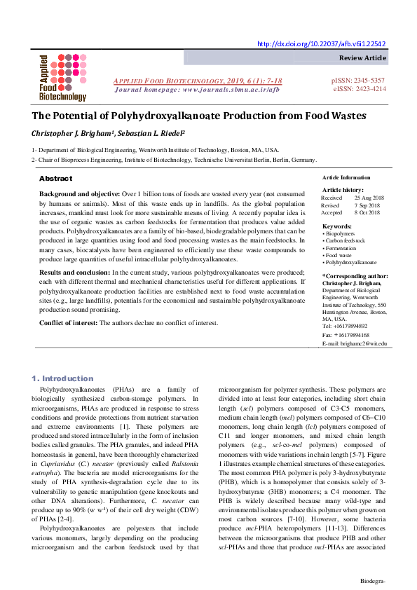(PDF) The Potential of Polyhydroxyalkanoate Production from Food Wastes