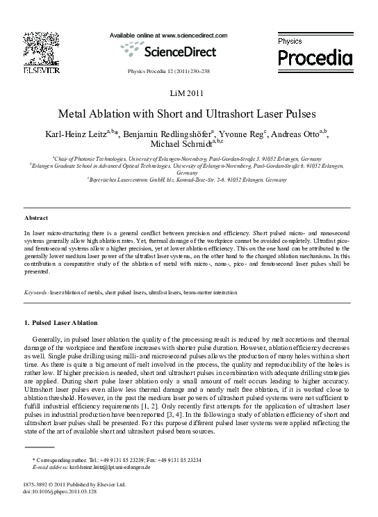 (PDF) Metal Ablation with Short and Ultrashort Laser Pulses