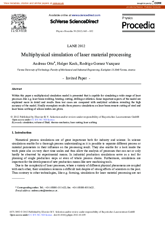 (PDF) Multiphysical Simulation of Laser Material Processing