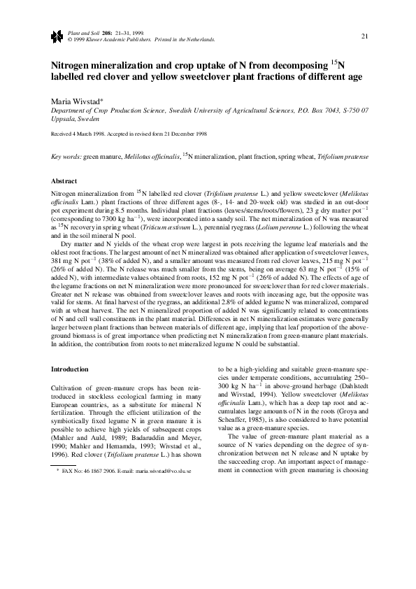(PDF) Nitrogen mineralization and crop uptake of N from decomposing 15N ...