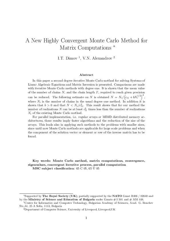 (PDF) A new highly convergent Monte Carlo method for matrix computations