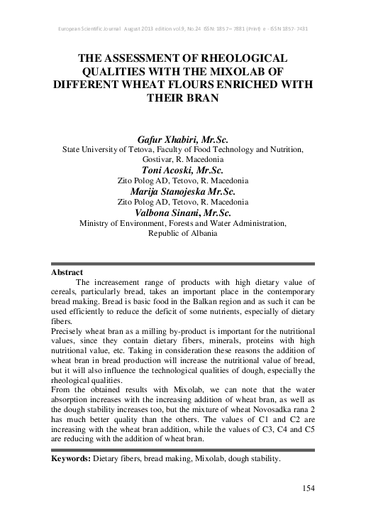 (PDF) The Assessment of Rheological Qualities with the Mixolab of ...