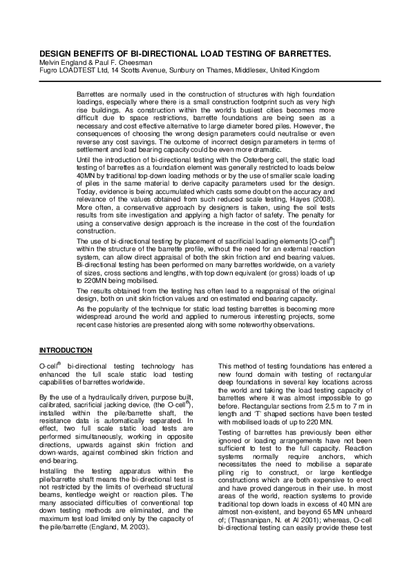 (PDF) Design Benefits of Bi-Directional Load Testing of Barrettes