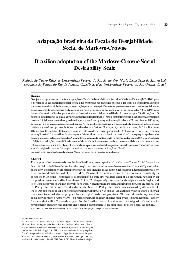 Brazilian adaptation of the Marlowe-Crowne Social Desirability Scale