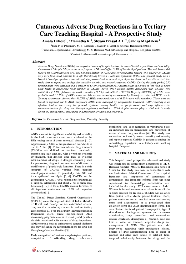 (PDF) Cutaneous Adverse Drug Reactions in a Tertiary Care Teaching ...