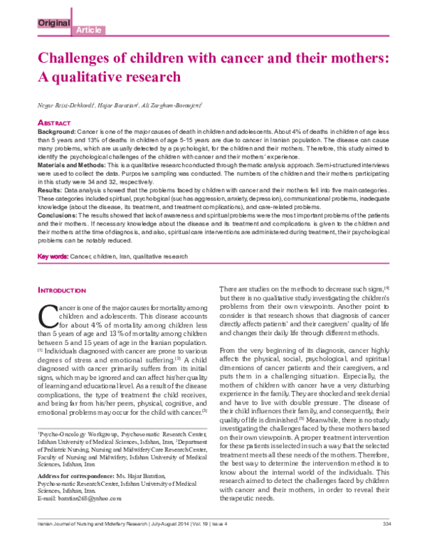 (PDF) Challenges of children with cancer and their mothers: A ...