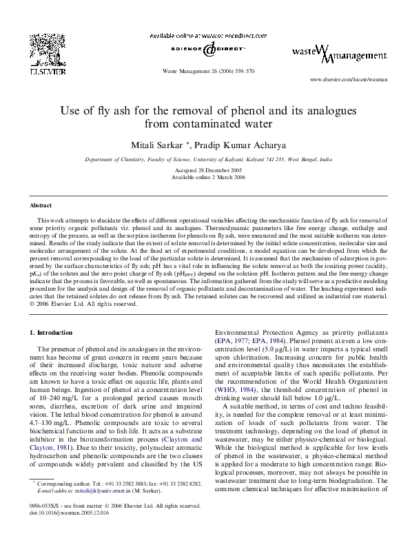 (PDF) Use of fly ash for the removal of phenol and its analogues from ...