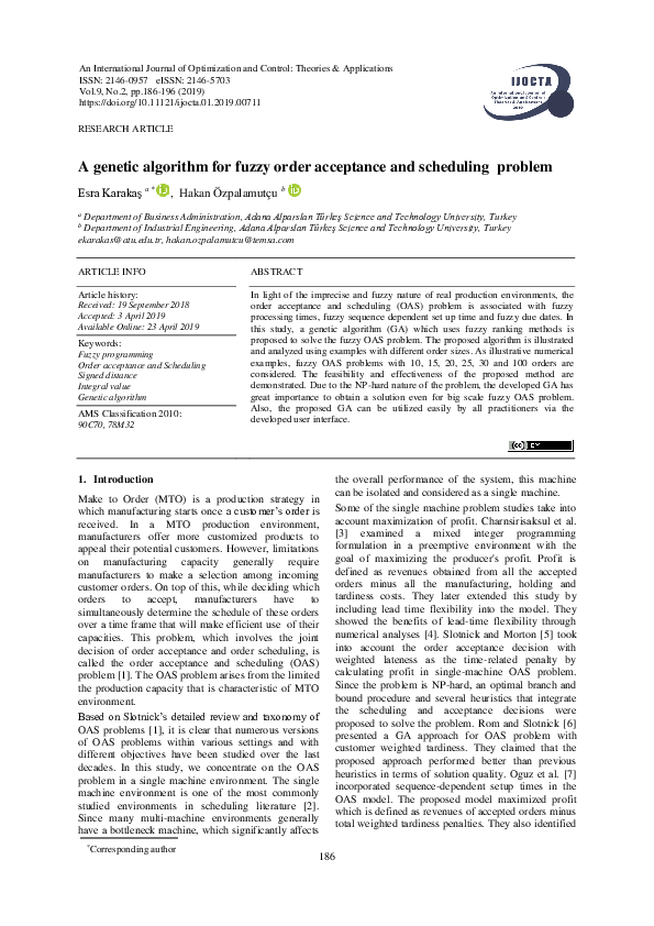 (PDF) A genetic algorithm for fuzzy order acceptance and scheduling problem