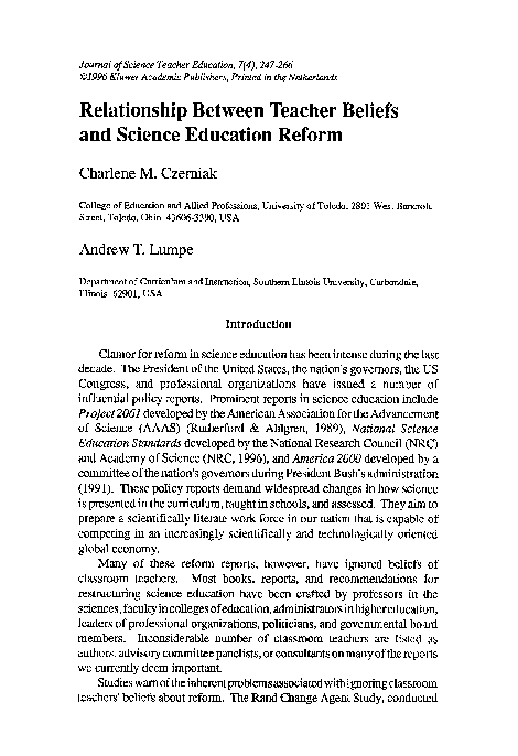 (PDF) Relationship between teacher beliefs and science education reform
