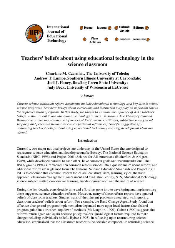 (PDF) Teachers' Beliefs about Using Educational Technology in the ...