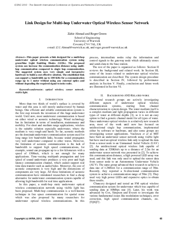(PDF) Link Design for Multi-hop Underwater Optical Wireless Sensor Network