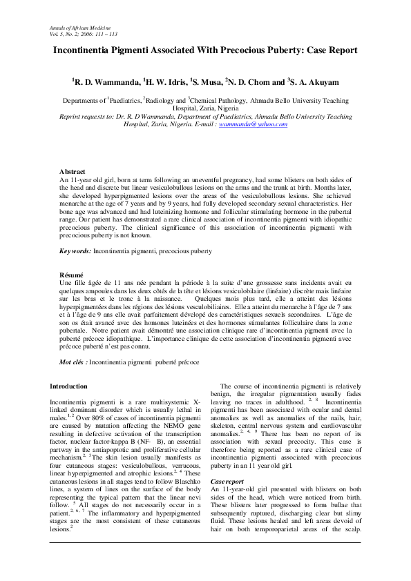 (PDF) Incontinentia pigmenti associated with precocious puberty: Case ...