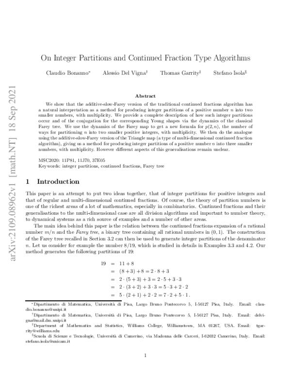 (PDF) On integer partitions and continued fraction type algorithms