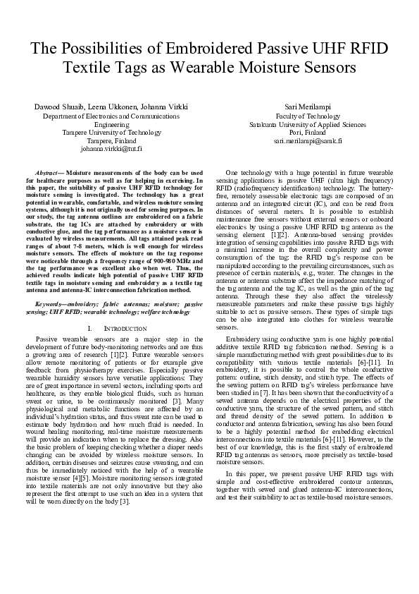 (PDF) The possibilities of embroidered passive UHF RFID textile tags as ...