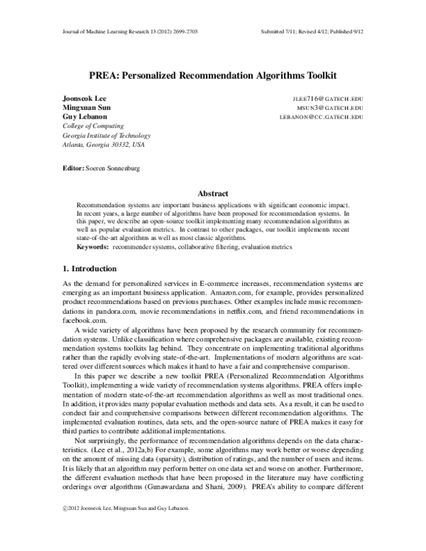 (PDF) PREA: personalized recommendation algorithms toolkit