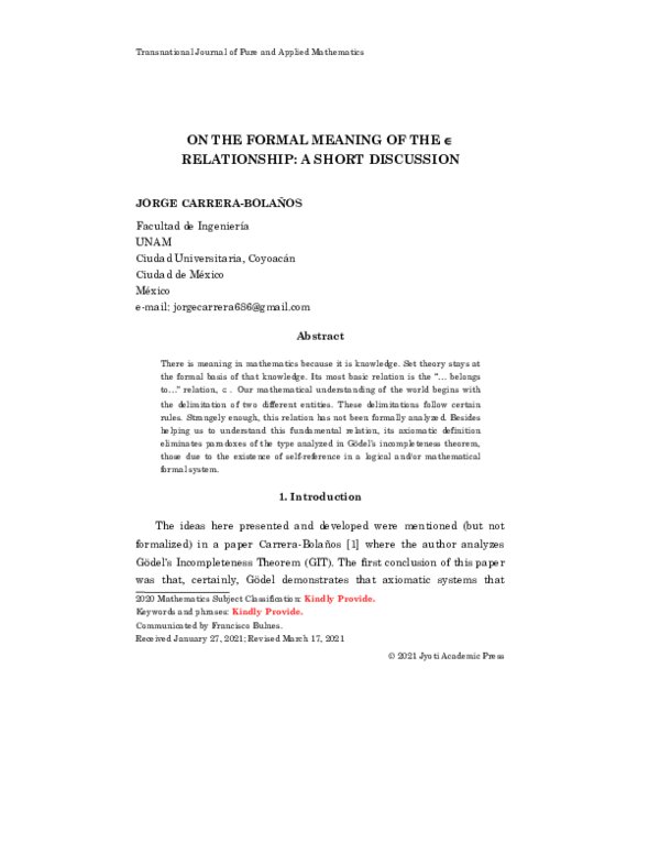 (PDF) ON THE FORMAL MEANING OF THE ∈ RELATIONSHIP A SHORT DISCUSSION