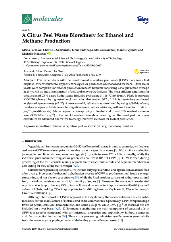 (PDF) A Citrus Peel Waste Biorefinery for Ethanol and Methane Production