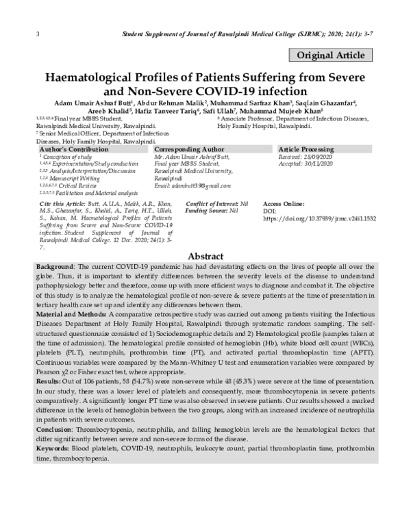 (PDF) Hematological Profiles of Patients Suffering from Severe and Non ...