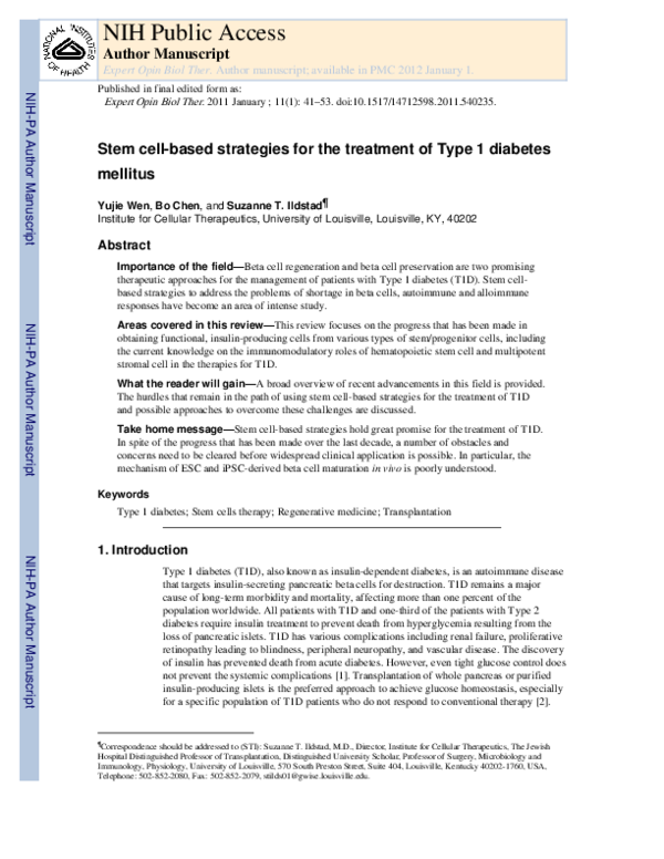 (PDF) Stem cell-based strategies for the treatment of type 1 diabetes ...