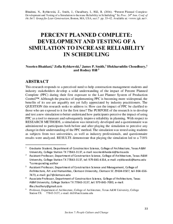 (PDF) Percent Planned Complete: Development and Testing of a Simulation ...