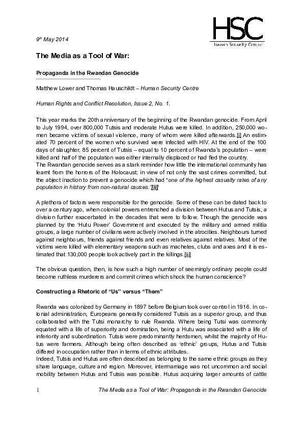 Pdf The Media As A Tool Of War Propaganda In The Rwandan Genocide