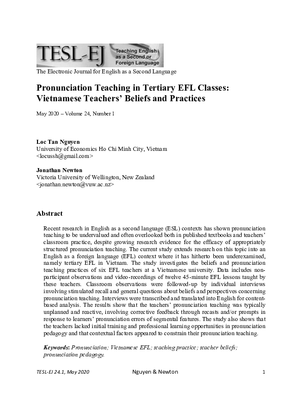 (PDF) Pronunciation Teaching in Tertiary EFL Classes: Vietnamese ...