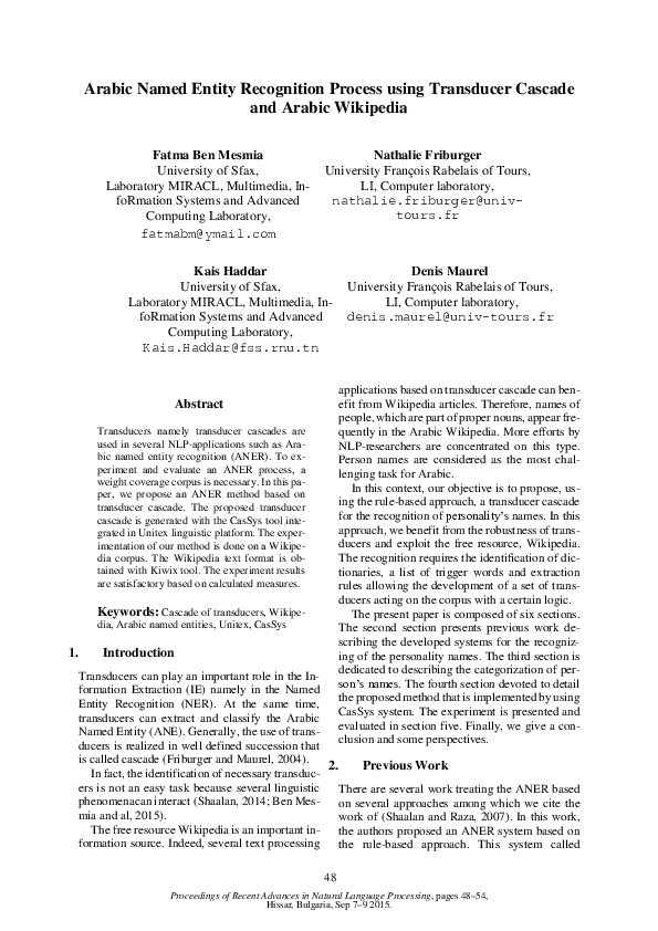 (PDF) Arabic Named Entity Recognition Process using Transducer Cascade ...