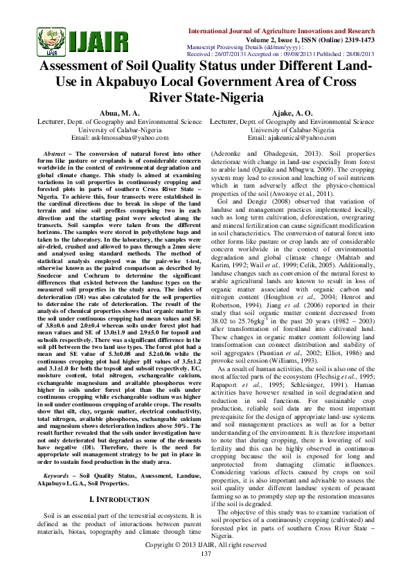 (PDF) Assessment of soil quality status under different land-use in ...