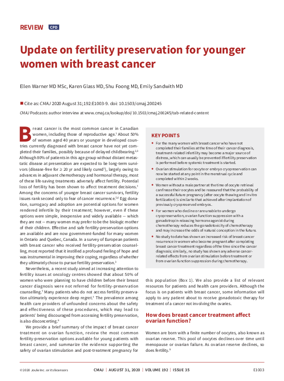(PDF) Update on fertility preservation for younger women with breast cancer