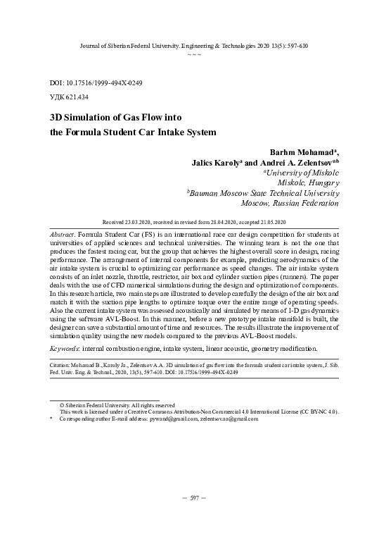 (PDF) 3D Simulation of Gas Flow into the Formula Student Car Intake System