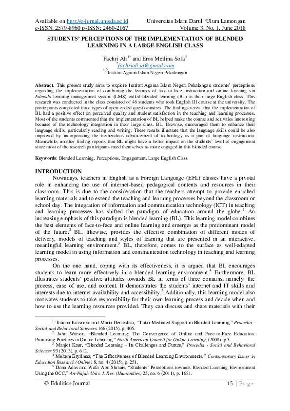 (PDF) Students' Perceptions of the Implementation of Blended Learning ...