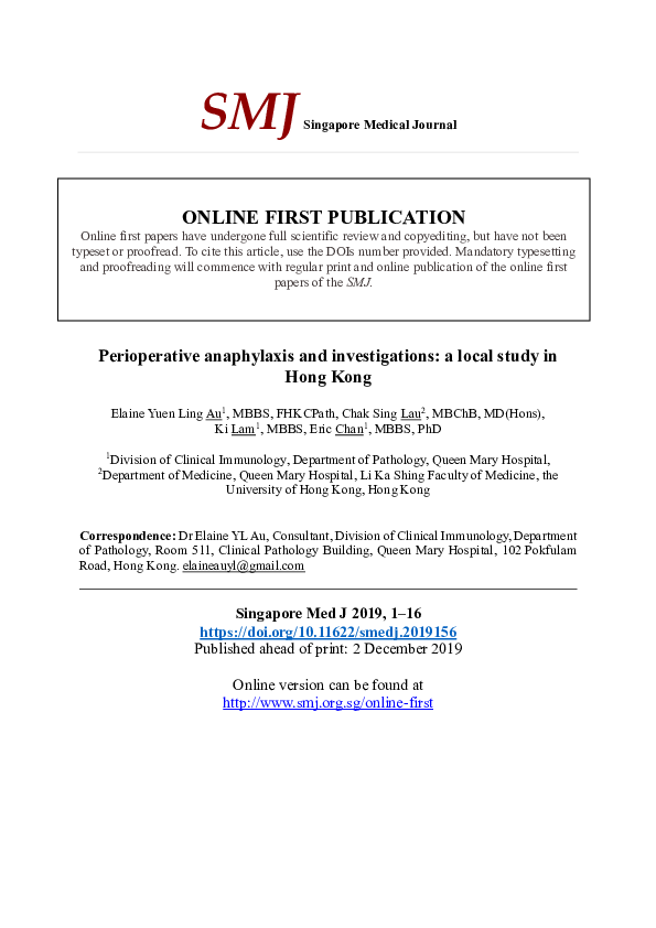 (PDF) Perioperative anaphylaxis and investigations: a local study in ...