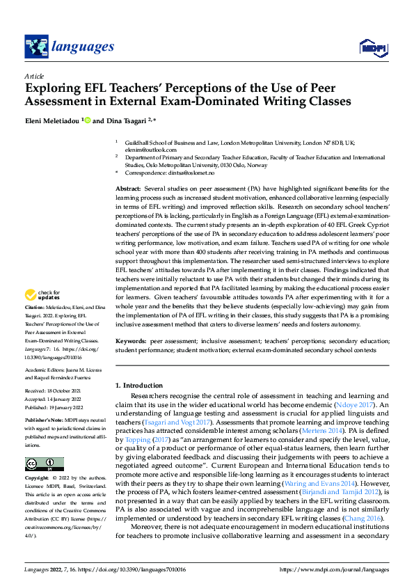 (PDF) Exploring EFL Teachers' Perceptions of the Use of Peer Assessment ...