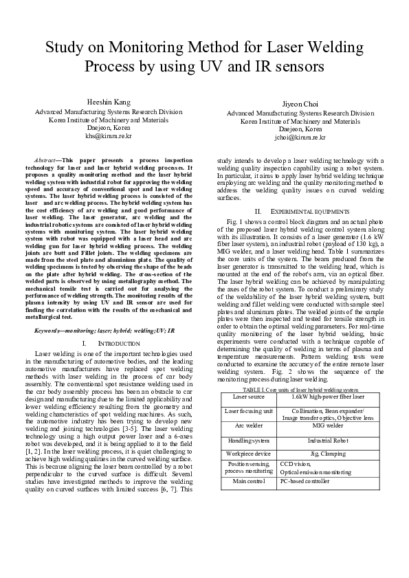 (PDF) Study on Monitoring Method for Laser Welding Process by using UV
