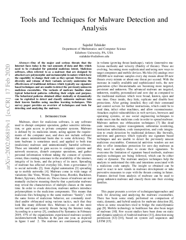 (PDF) Tools and Techniques for Malware Detection and Analysis