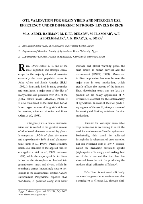 (PDF) QTL Validation for Grain Yield and Nitrogen Use Efficiency Under ...