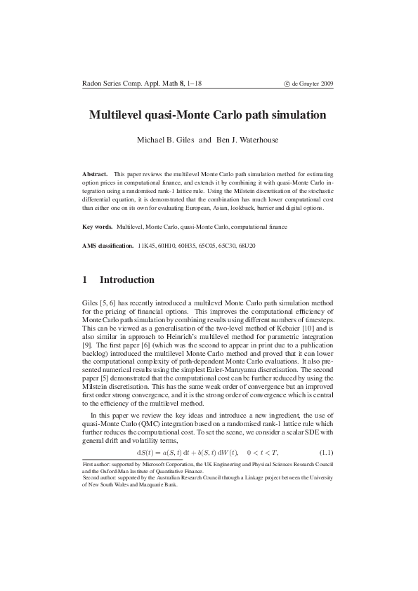 (PDF) Multilevel quasi-Monte Carlo path simulation