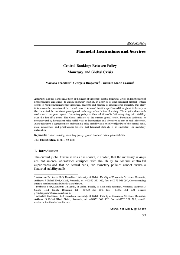 (PDF) Central Banking: Between Policy Monetary and Global Crisis