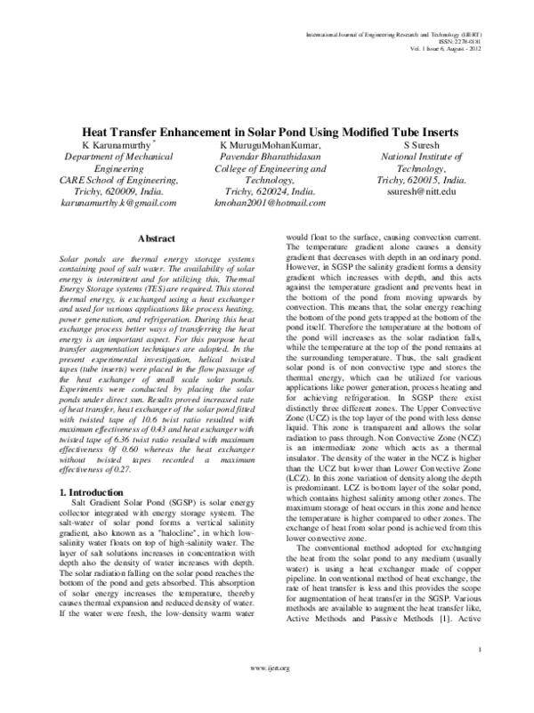 (PDF) Heat Transfer Enhancement in Solar Pond Using Modified Tube Inserts