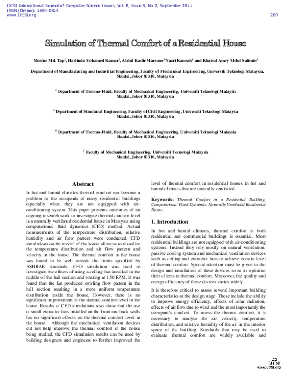 (PDF) Simulation of Thermal Comfort of a Residential House