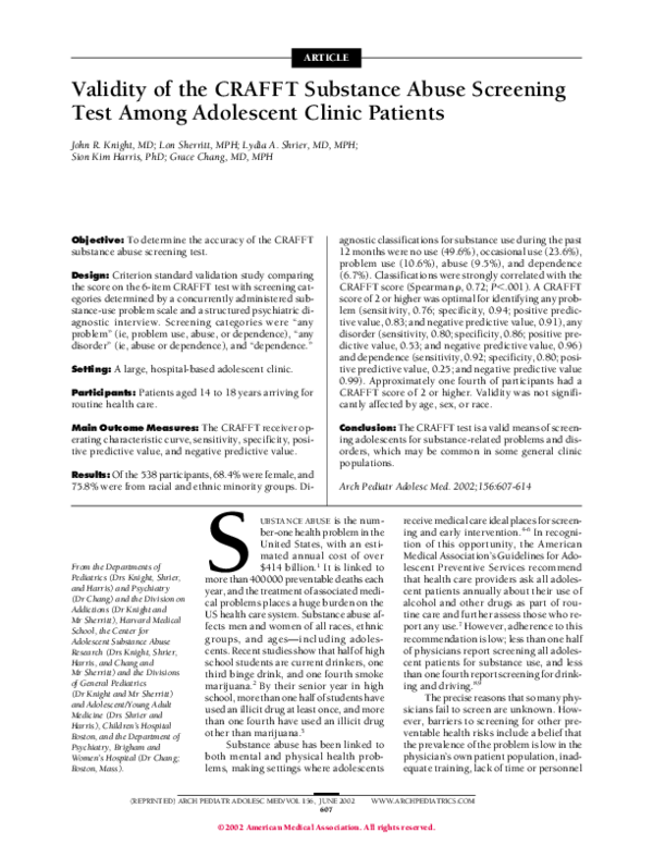 (PDF) Validity of the CRAFFT substance abuse screening test among ...