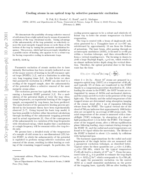 (PDF) Cooling atoms in an optical trap by selective parametric excitation