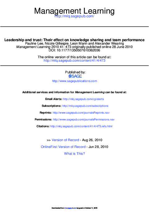 (PDF) Leadership and trust: Their effect on knowledge sharing and team ...