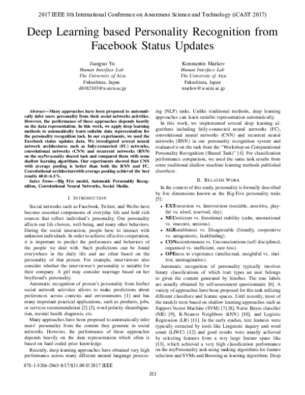 (PDF) Deep learning based personality recognition from Facebook status ...